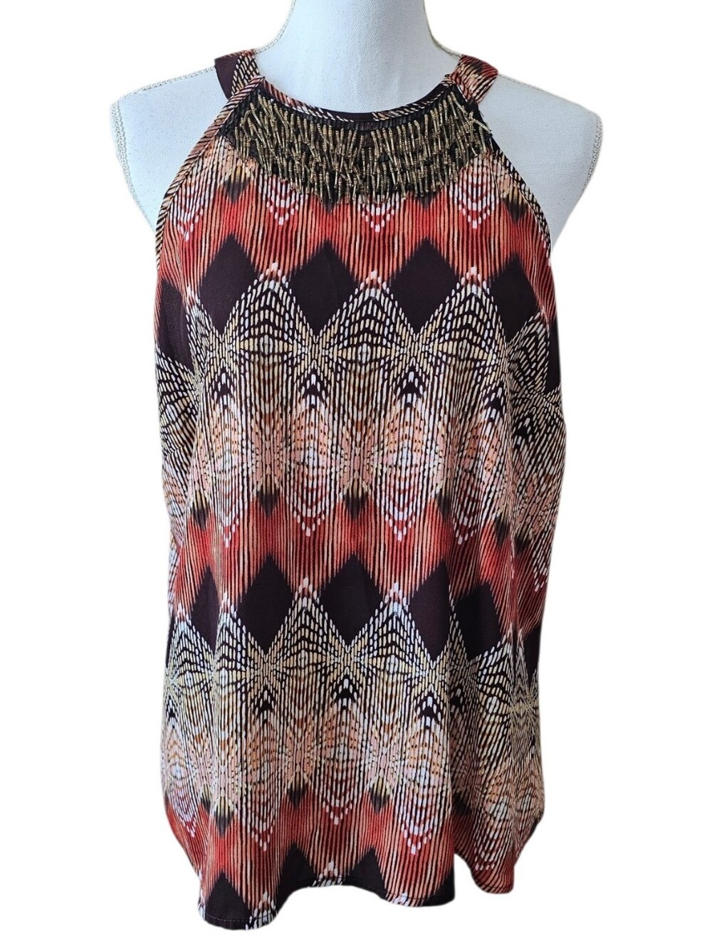 Unique Spectrum XL Beaded Halter Top Geometric Print Sleeveless Blouse